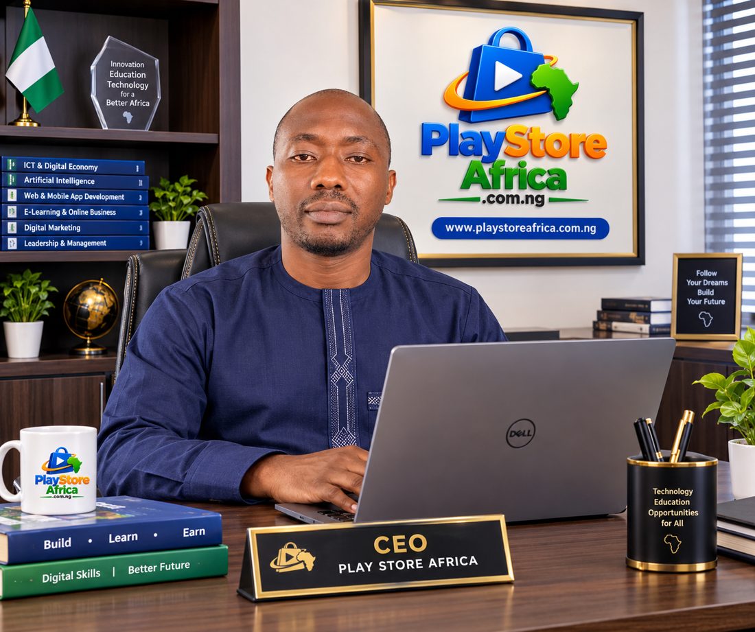 Dele Paragon in a professional office with PlayStore Africa branding